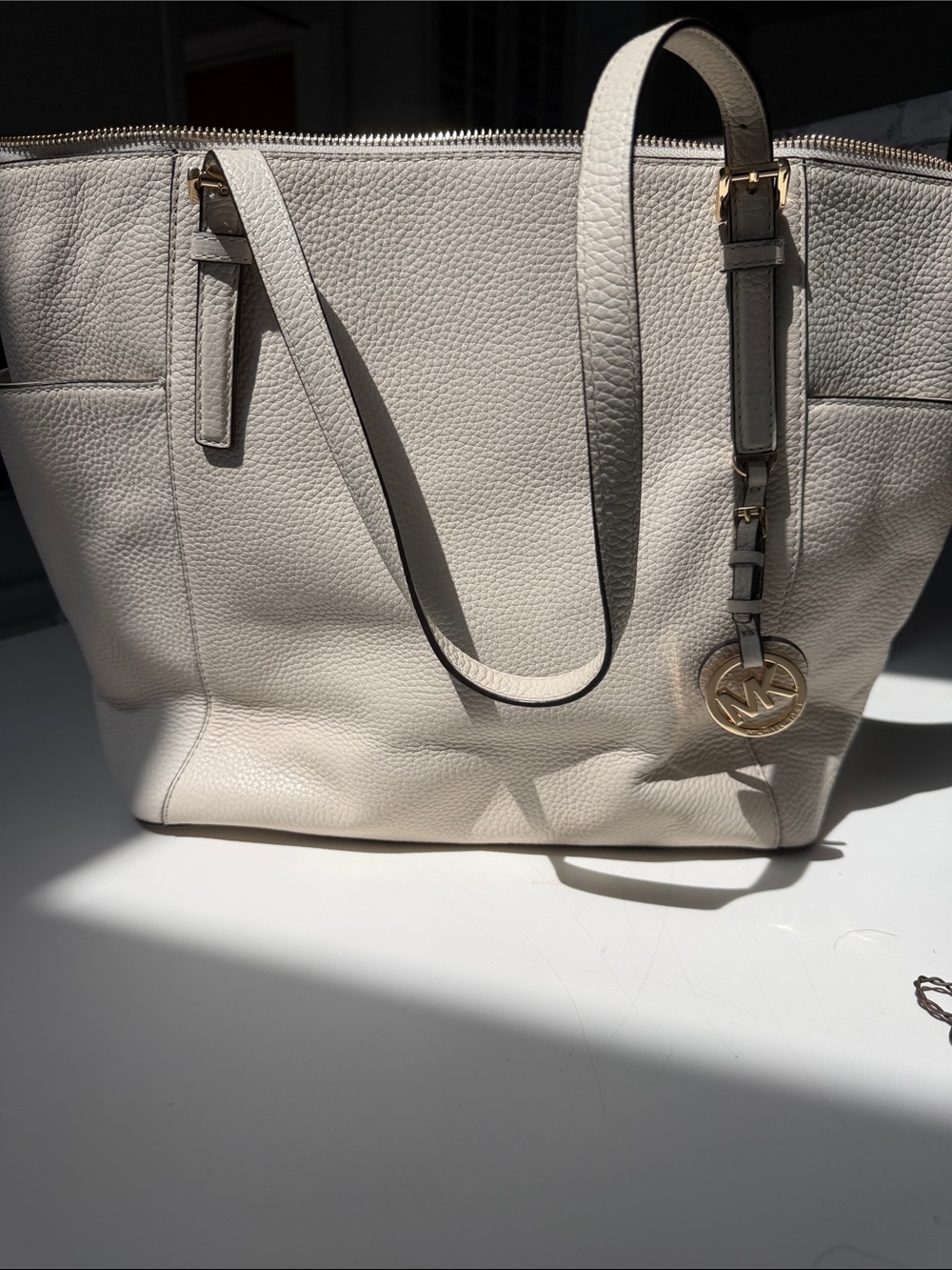 Michael Kors Cream Pebbled Leather Tote with Gold MK Charm